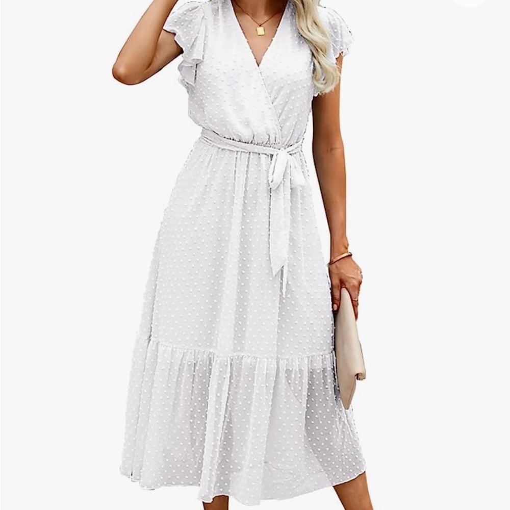 BTFBM Women  Bohemian Floral Wrap V Neck Ruffle Belt A-Line Midi Dress White LG